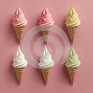 Assortment of six soft serve ice cream cones on pink backdrop, a pastel palette evokes sweetness and joy. Copy space