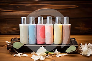 assortment of skincare lotions on a distressed wooden board