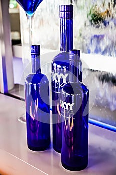 Assortment of Skyy Vodka bottles displayed on a white surface