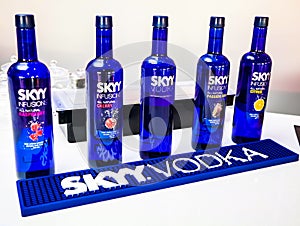 Assortment of Skyy Vodka bottles displayed on a white surface