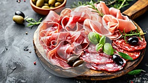 Assortment , sliced meat appetizer, prosciutto, salami and ham, with olives