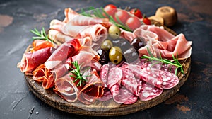 Assortment , sliced meat appetizer, prosciutto, salami and ham, with olives