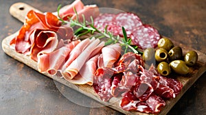 Assortment , sliced meat appetizer, prosciutto, salami and ham, with olives