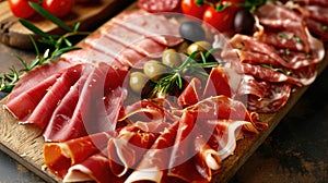 Assortment , sliced meat appetizer, prosciutto, salami and ham, with olives