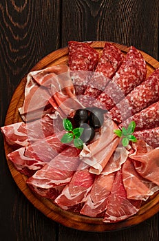 Assortment , sliced meat appetizer, prosciutto, salami and ham, with olives, breakfast, top view, close-up, no people,