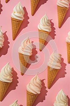 Assortment of soft serve ice cream cones on pink backdrop, a light pastel palette evokes sweetness and joy