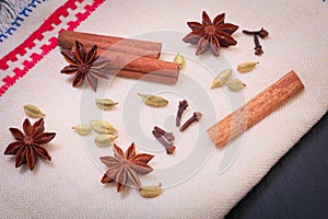 Assortment spice star anise, cinnamon sticks, cardamon seed and cloves