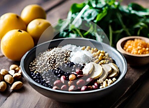 Assortment with spices dried fruit and carbohydrates,fruits and vegetables