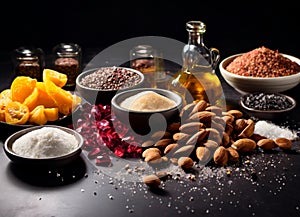 Assortment with spices dried fruit and carbohydrates,fruits and vegetables