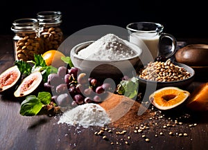 Assortment with spices dried fruit and carbohydrates,fruits and vegetables