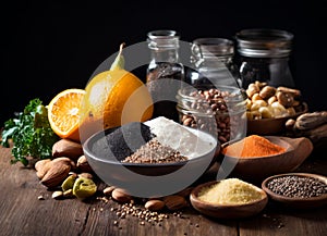 Assortment with spices dried fruit and carbohydrates,fruits and vegetables