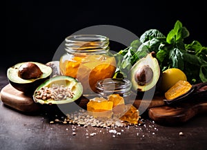 Assortment with spices dried fruit and carbohydrates,fruits and vegetables