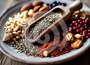 Assortment with spices dried fruit and carbohydrates,fruits and vegetables