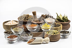 Assortment of spices in glassware and wooden utensils close-up isolated on white background