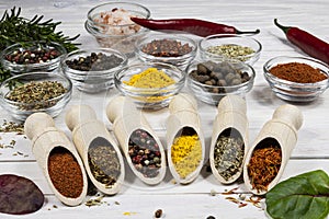 Assortment of spices and herbs close-up on wooden background.