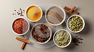 An assortment of spices in white bowls on a light colored surface