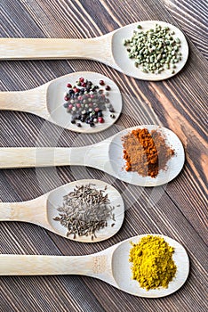 Assortment of spices on the wooden spoons