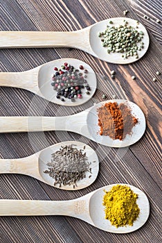 Assortment of spices on the wooden spoons