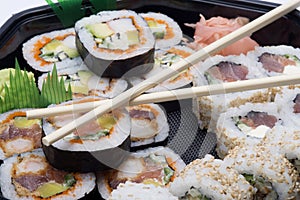 Assortment sushi with chopsticks