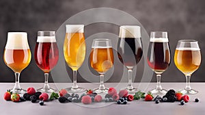 Assortment of sweet beer in different drinking glasses standing in line on grey background. Set of different kinds of fruit beer