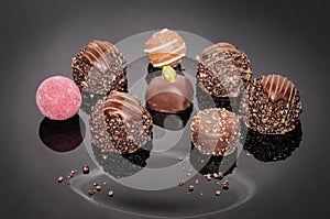 Assortment sweet confectionery chocolate truffles and pralines