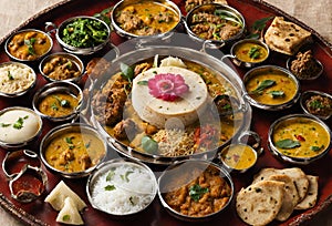 Assortment of tasty Indian food items. An Indian food thali for celebration. Delicious eateries for festival Generative AI photo
