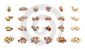 Assortment of tasty nuts on white background