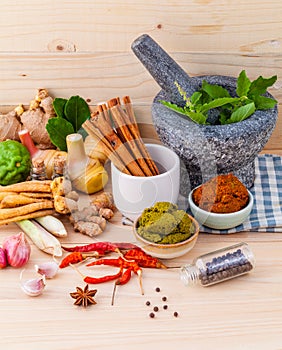 Assortment of Thai food Cooking ingredients and Paste of thai