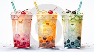 An assortment of three fresh boba cocktails in glasses on a white background,watercolor style