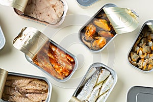 Assortment of Tinned fish, canned food ready for date night