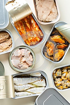 Assortment of Tinned fish, canned food ready for date night