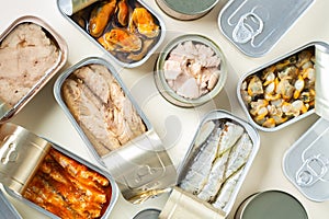 Assortment of Tinned fish, canned food ready for date night