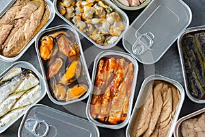 Assortment of Tinned fish, canned food ready for date night