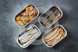 Assortment of Tinned fish, canned food ready for date night