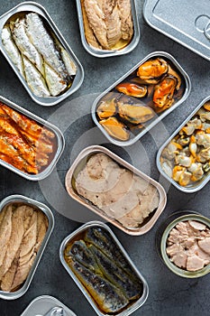 Assortment of Tinned fish, canned food ready for date night