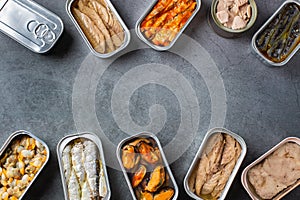 Assortment of Tinned fish, canned food ready for date night