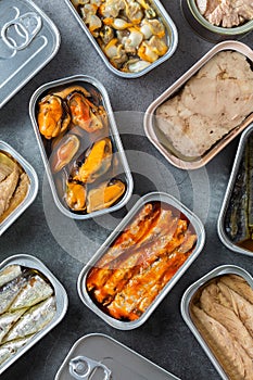 Assortment of Tinned fish, canned food ready for date night