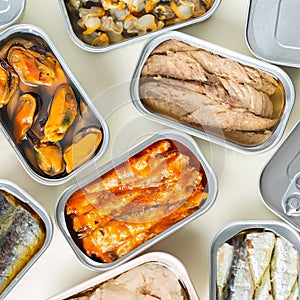 Assortment of Tinned fish, canned food ready for date night