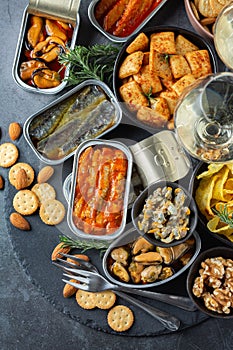 Assortment of Tinned fish, canned food ready for date night