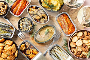 Assortment of Tinned fish, canned food ready for date night