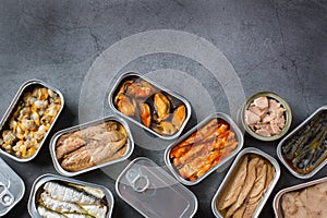 Assortment of Tinned fish, canned food ready for date night