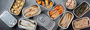 Assortment of Tinned fish, canned food ready for date night