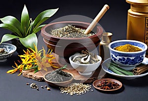 Assortment of traditional Chinese herbal medicines with blank copy space, traditional medicine, herbal medicine,