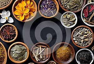 Assortment of traditional Chinese herbal medicines with blank copy space, traditional medicine, herbal medicine,