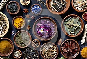 Assortment of traditional Chinese herbal medicines with blank copy space, traditional medicine, herbal medicine,