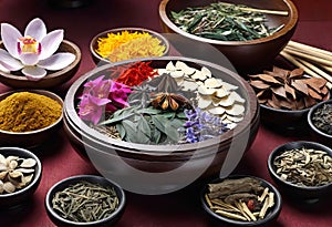 Assortment of traditional Chinese herbal medicines with blank copy space, traditional medicine, herbal medicine,