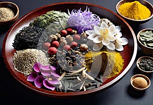 Assortment of traditional Chinese herbal medicines with blank copy space, traditional medicine, herbal medicine,