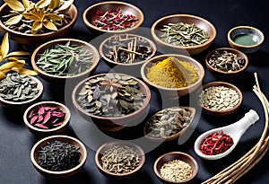 Assortment of traditional Chinese herbal medicines with blank copy space, traditional medicine, herbal medicine,