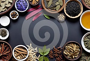 Assortment of traditional Chinese herbal medicines with blank copy space, traditional medicine, herbal medicine,