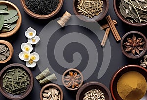 Assortment of traditional Chinese herbal medicines with blank copy space, traditional medicine, herbal medicine,